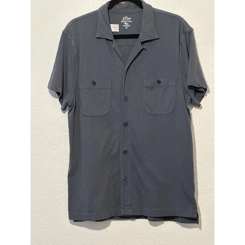 J. Crew Garment Dyed Knit Goods Blue Short Sleeve Snap Closure Shirt‎ Mens L